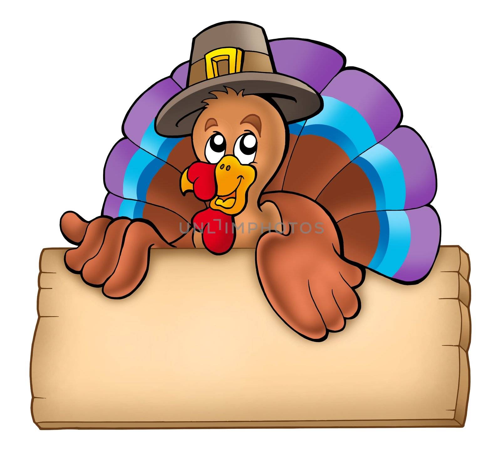 Wooden board with lurking turkey - color illustration.