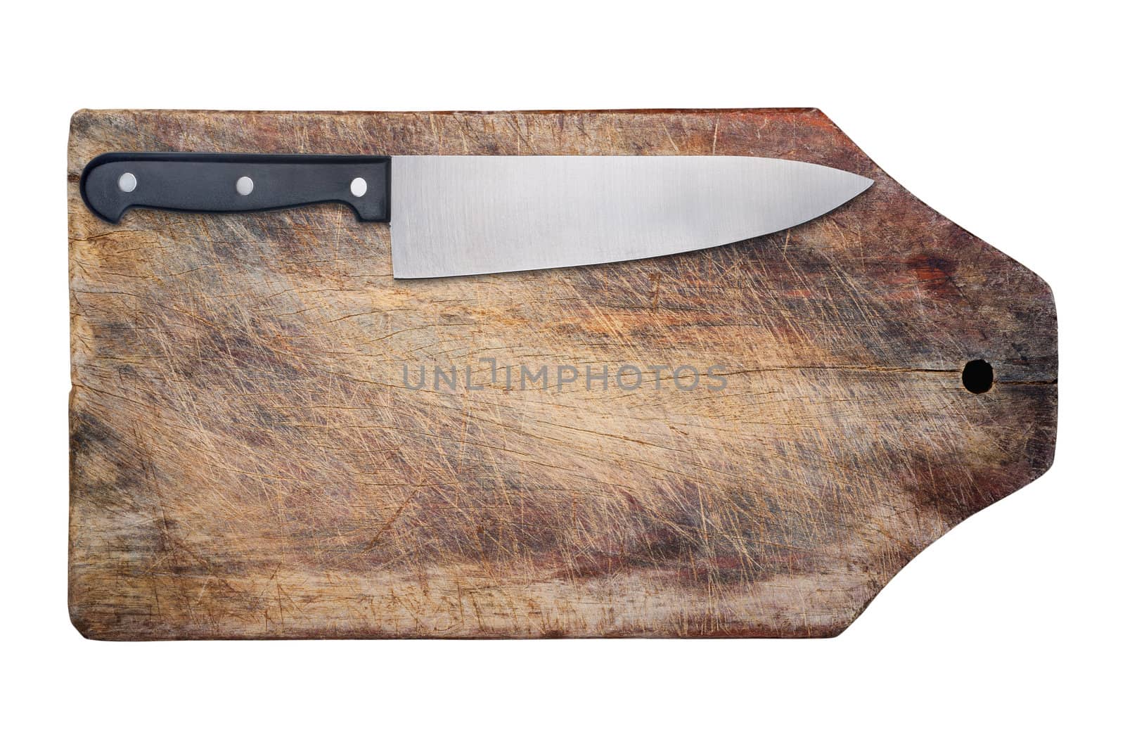 Kitchen knife on wooden table, isolated, copy space, clipping path.
