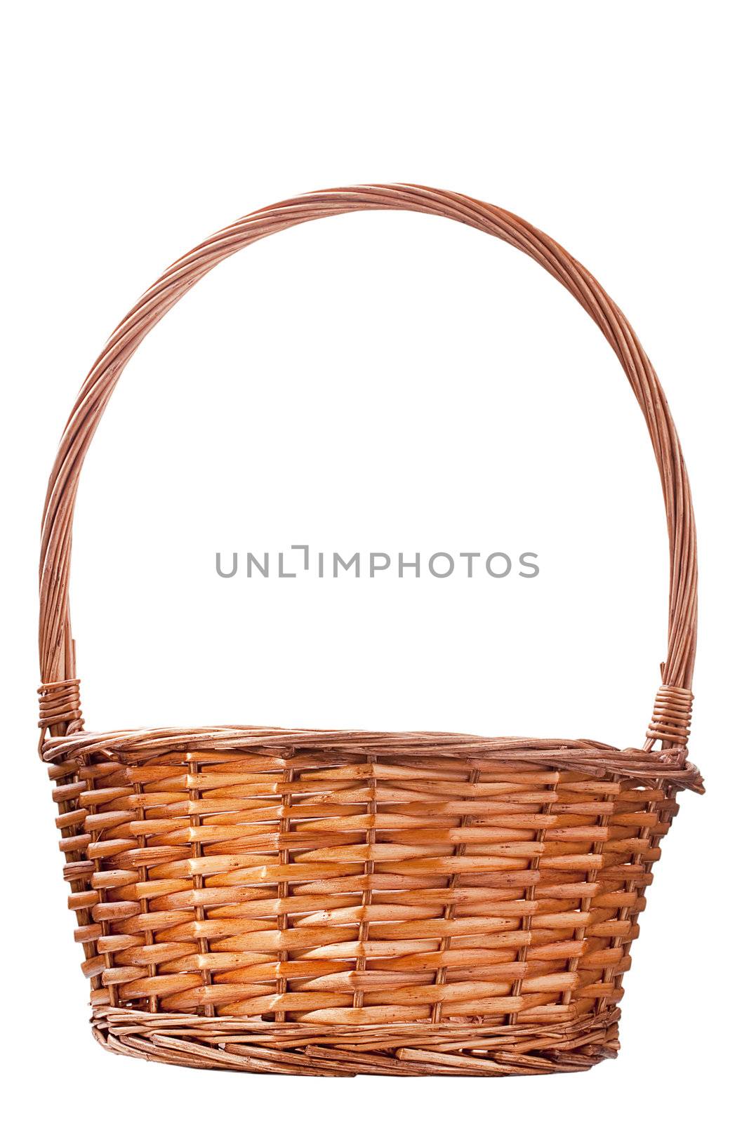 Wattled basket with the handle on a white background.