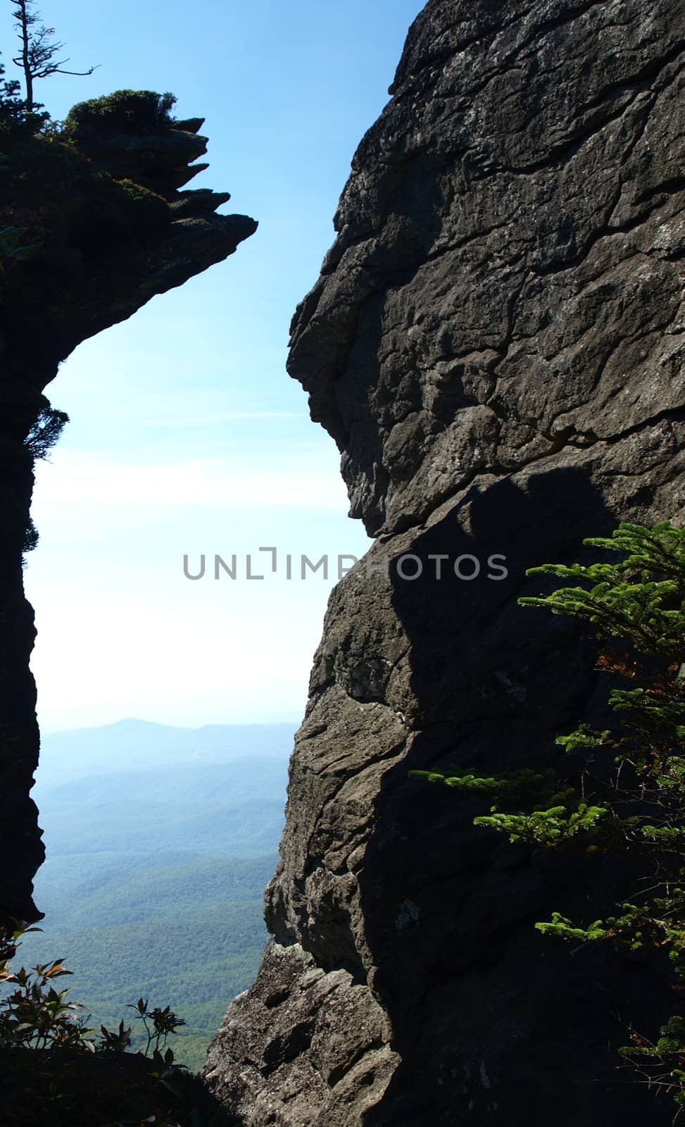 Along the trail at Grandfather mountain in North Carolina, view through the rocks