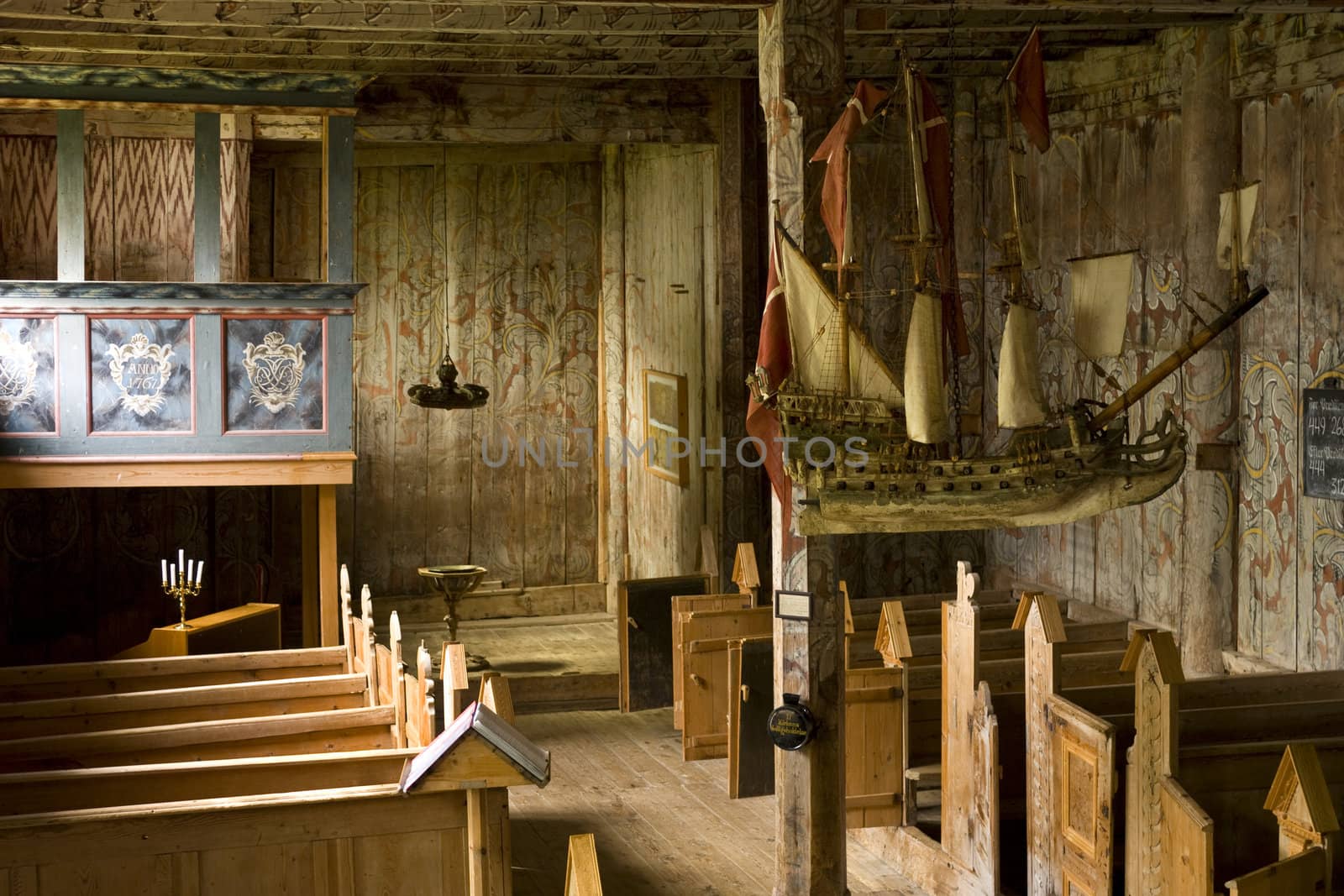 Interior from an old stav church in Kvernes, Norway 