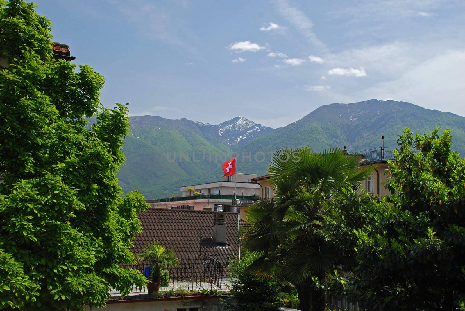 It is a point of view ftom the Lucarno ald city, there are building roofs, green trees, palms, Switzerland flag, mountains, blue sky