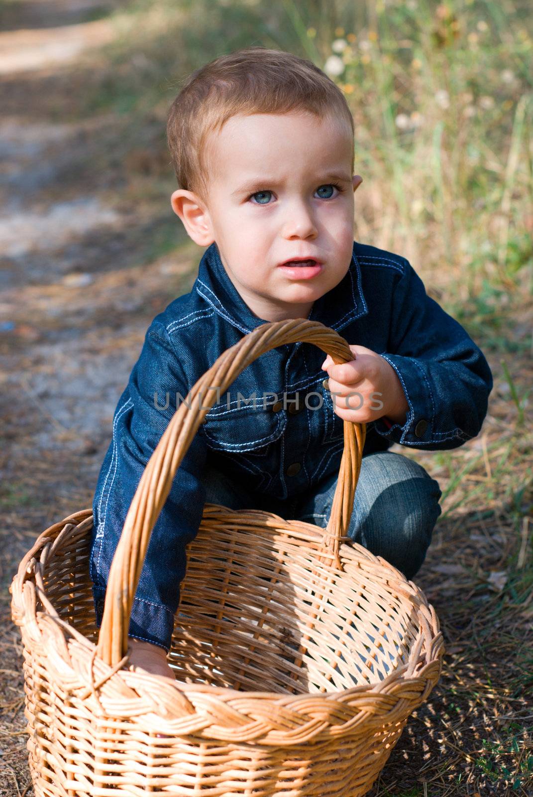 Cute boy with basket in a forest