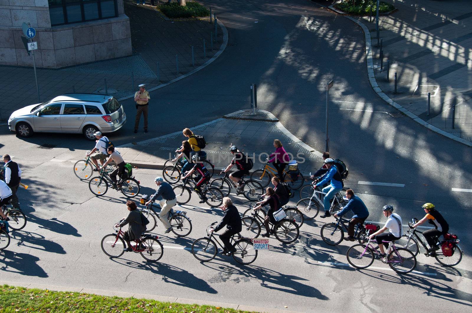 STUTTGART - Oct 09: 150K people protest against the S21 rail project in Stuttgart on Oct 09, 2010 in Stuttgart. S21 station is one of the most expensive and controversial railway projects with regular demonstrations going on. The photo shows the bicycle demonstration upfront the main demonstration.