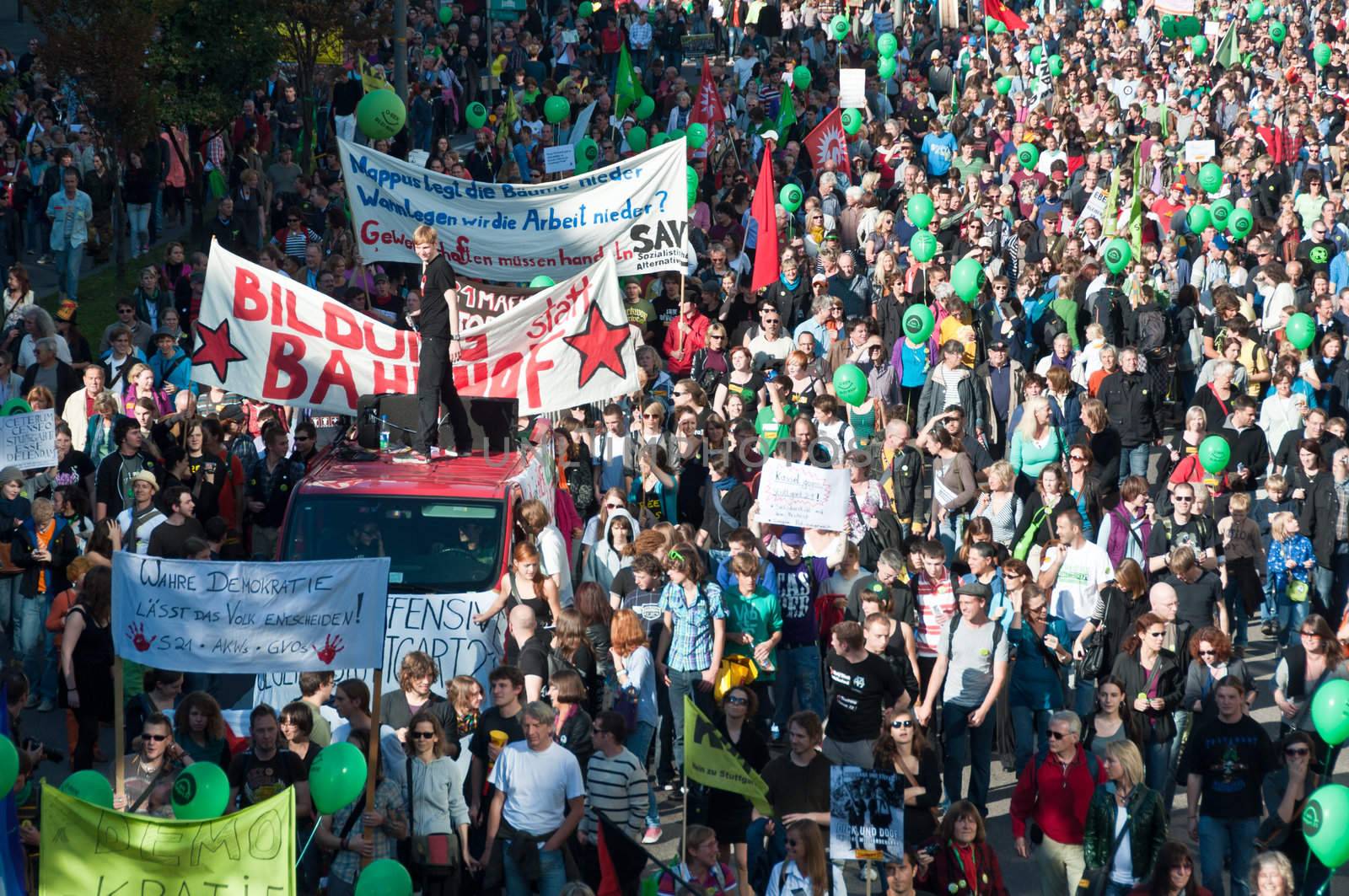 STUTTGART - Oct 09: 150K people protest against the S21 rail project in Stuttgart on Oct 09, 2010 in Stuttgart. S21 station is one of the most expensive and controversial railway projects with regular demonstrations going on. The photo shows the main demonstration with at least 150.000 people participating on a march through the main streets of Stuttgart, ending in a huge event in the Schlosspark.