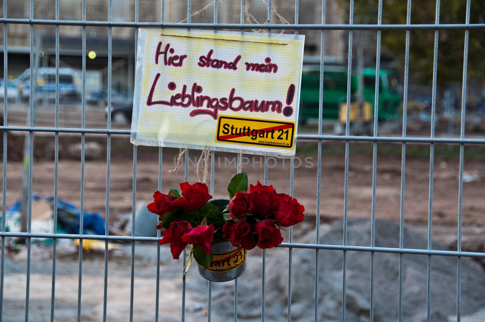 STUTTGART - Oct 09: 150K people protest against the S21 rail project in Stuttgart on Oct 09, 2010 in Stuttgart. S21 station is one of the most expensive and controversial railway projects with regular demonstrations going on. The photo shows the fence of the construction site in the Schlosspark visited and decorated by over 150.000 people during the large protest walk and event in the park.