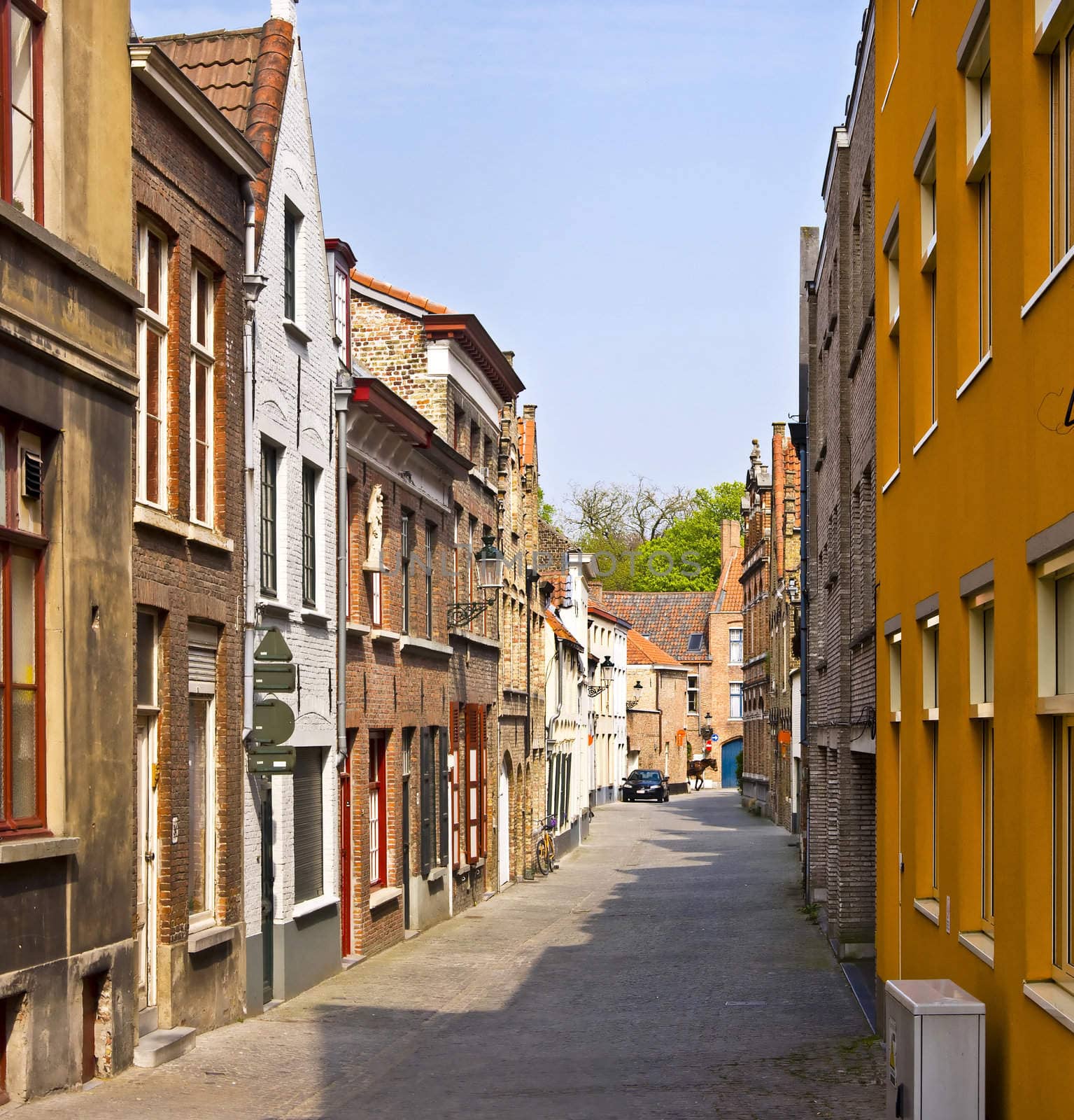  Bruges. Belgium. Classic urban environment of the medieval city. Summer urban landscape.