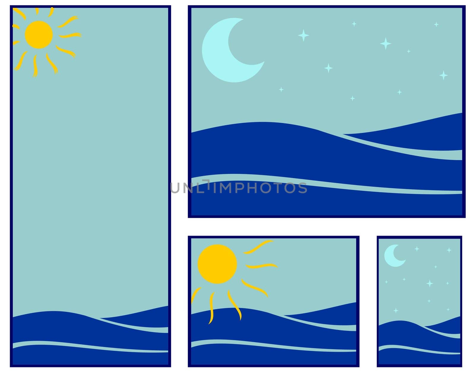 simple vector illustration of blue sea and sky, moon and sun