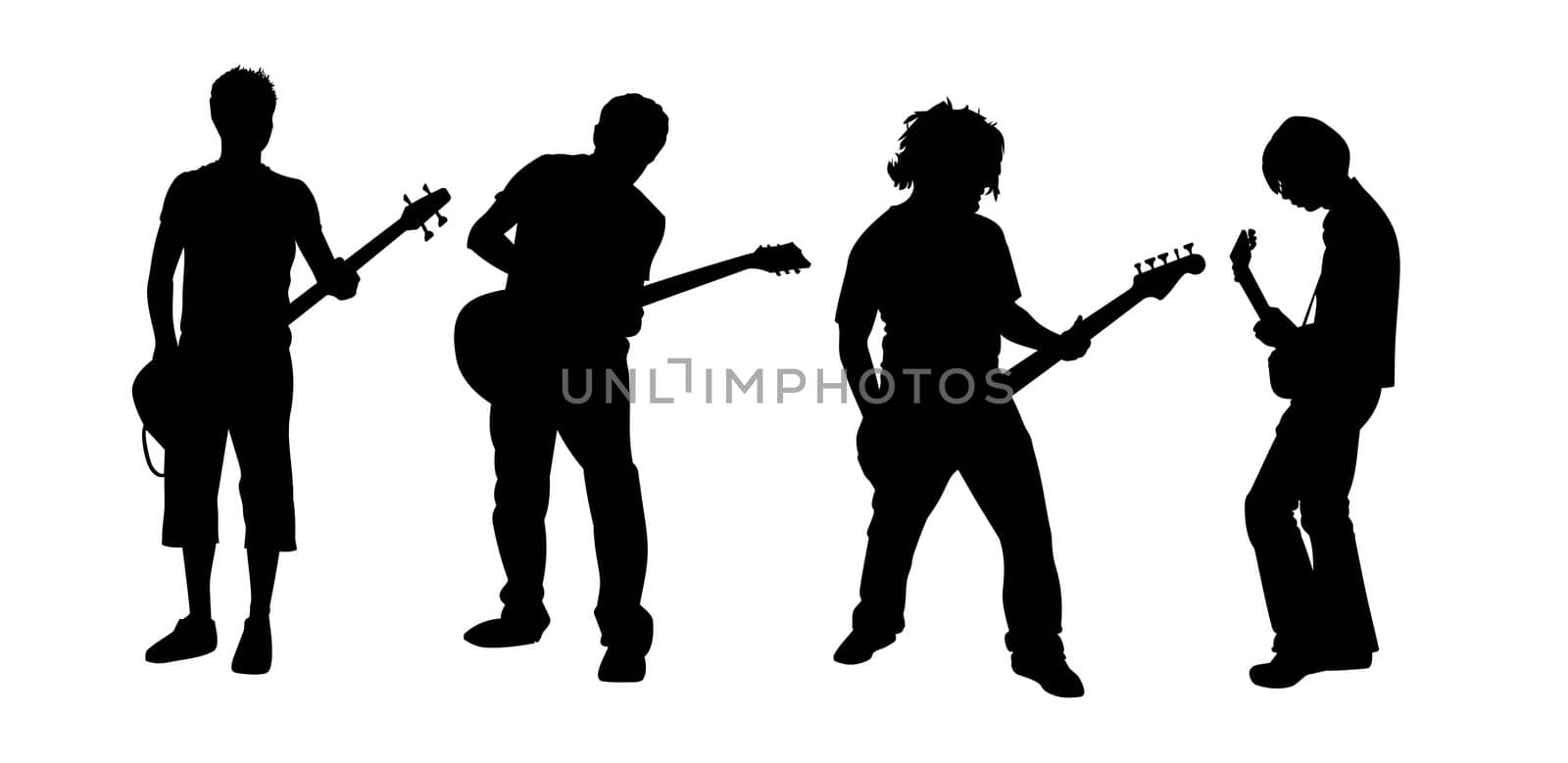 black silhouettes of four young guitar players