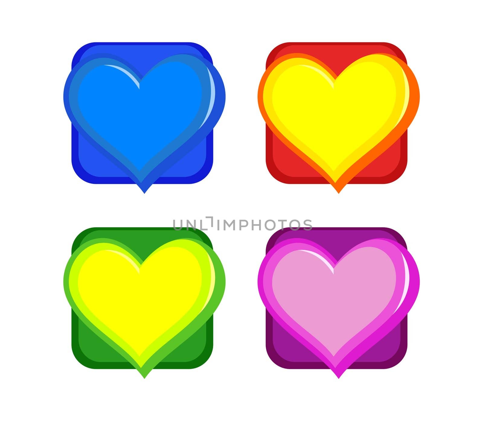 four colored hearts on white background