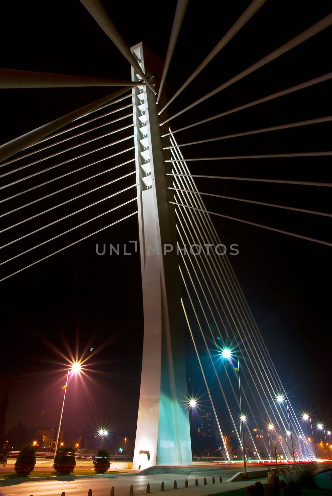 night shot of modern bridge with lights