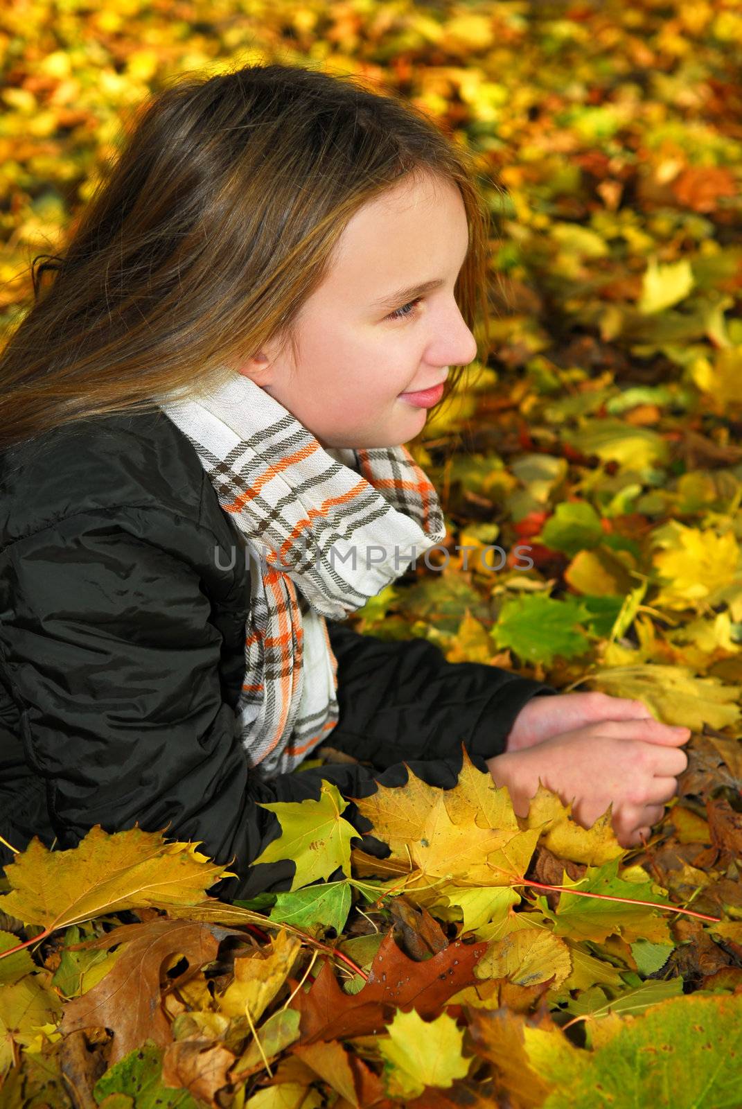 Portrait of a beautiful teenage girl lying among fallen maple leaves in fall park