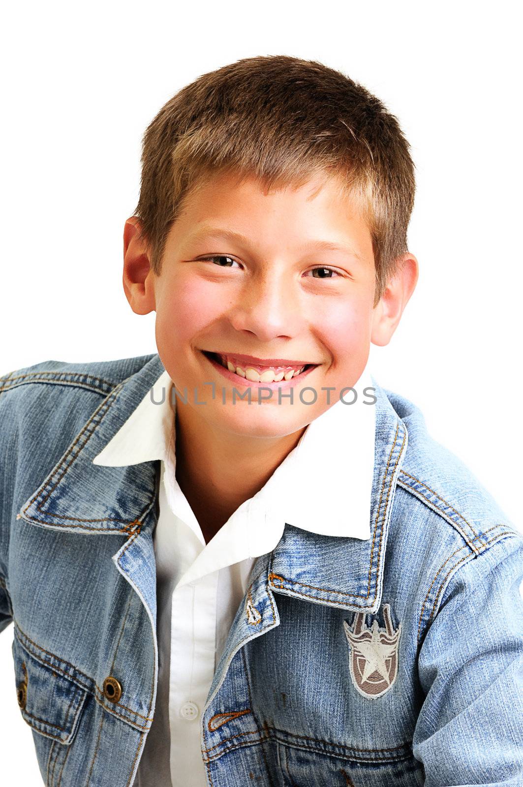 young attractive boy wearing a blue jean jacket and smiling