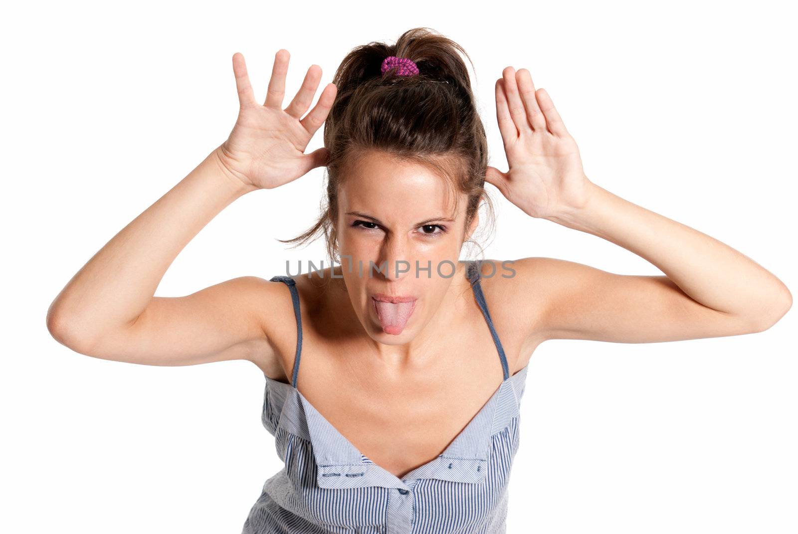 Young female cheerful joke expression isolated on white background