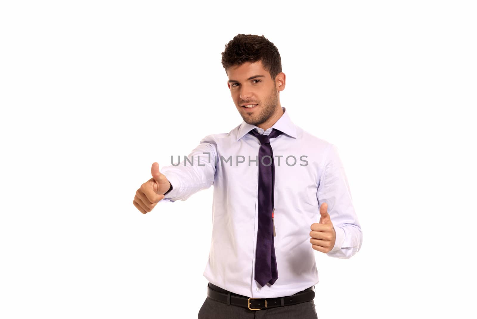 Young businessman ok symbol gesture with two hands, isolated on white background