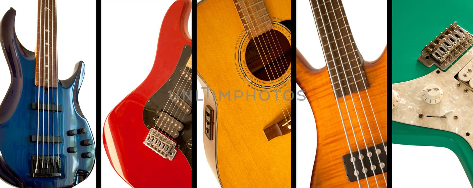 Guitars and bass guitars all in colors