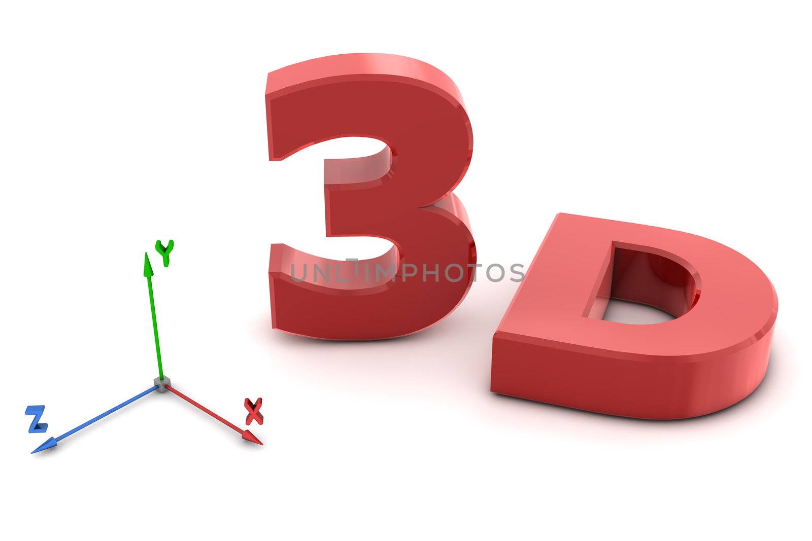 glossy red word 3D with  a small 3D space coordinate system - colourful arrows for each dimension - red X, green Y, blue Z