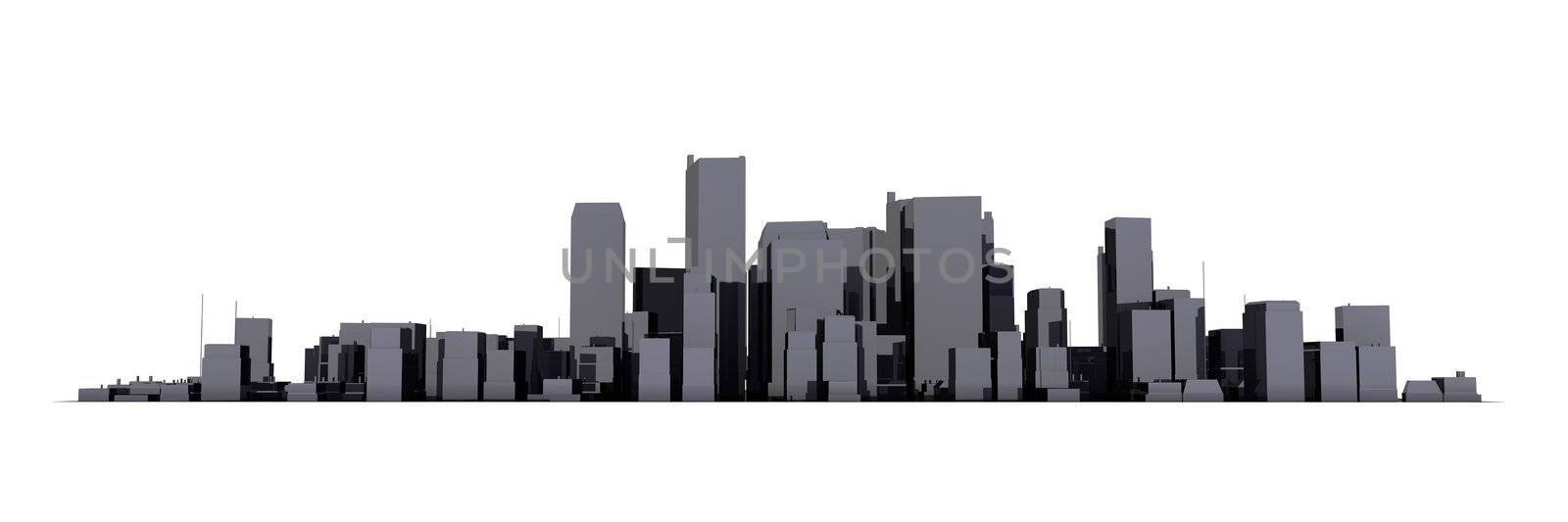 wide 3D cityscape model in shiny black with a white background - buildings are casting no shadows