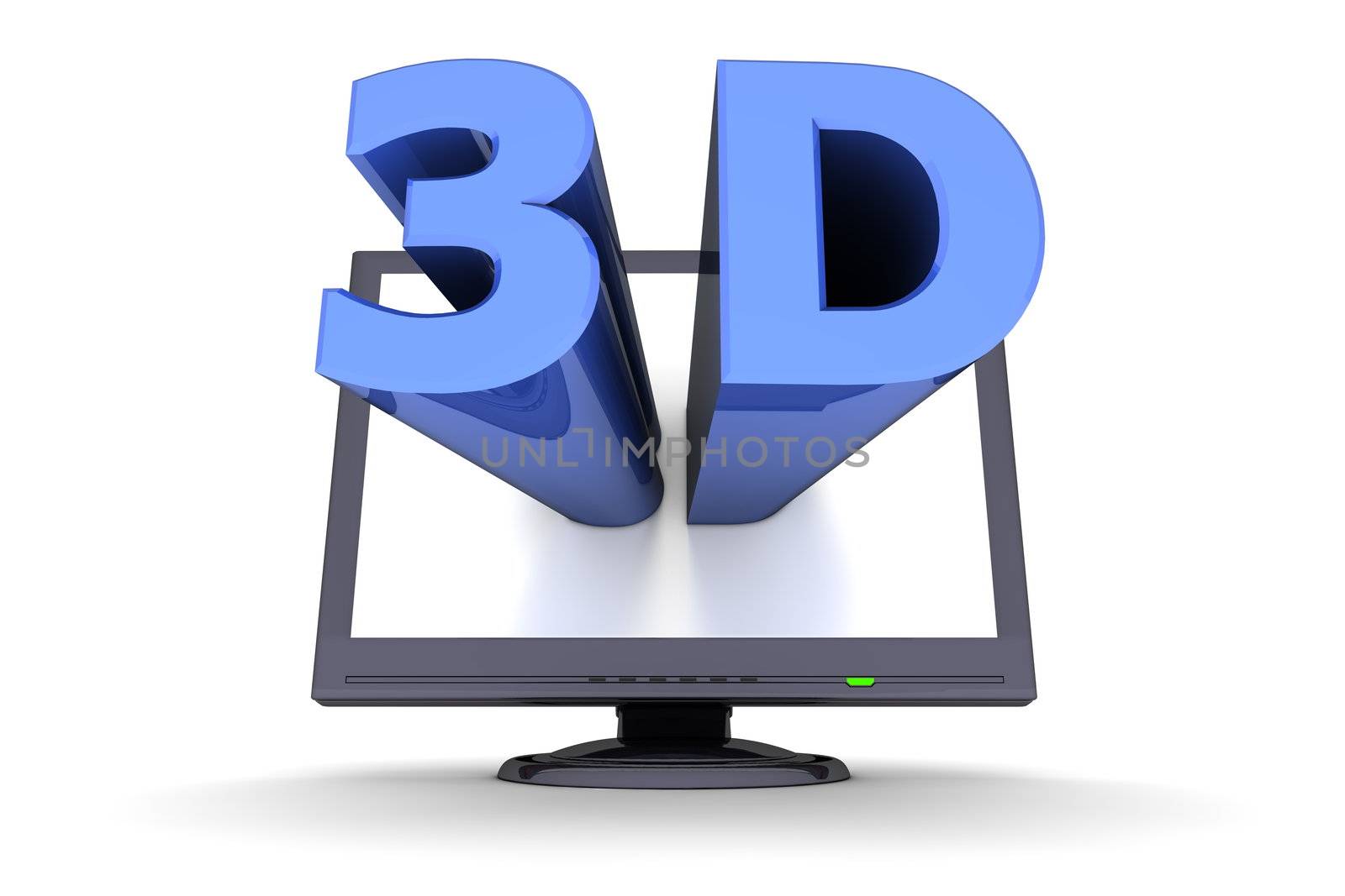 glossy blue word 3D comes out of a black flat screen monitor to illsutrate the three dimensions