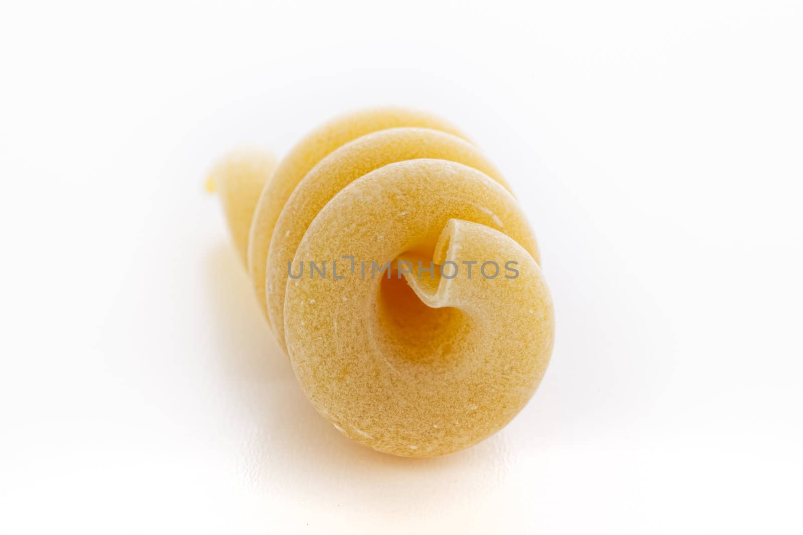 Single piece of trottole pasta isolated on white background.
