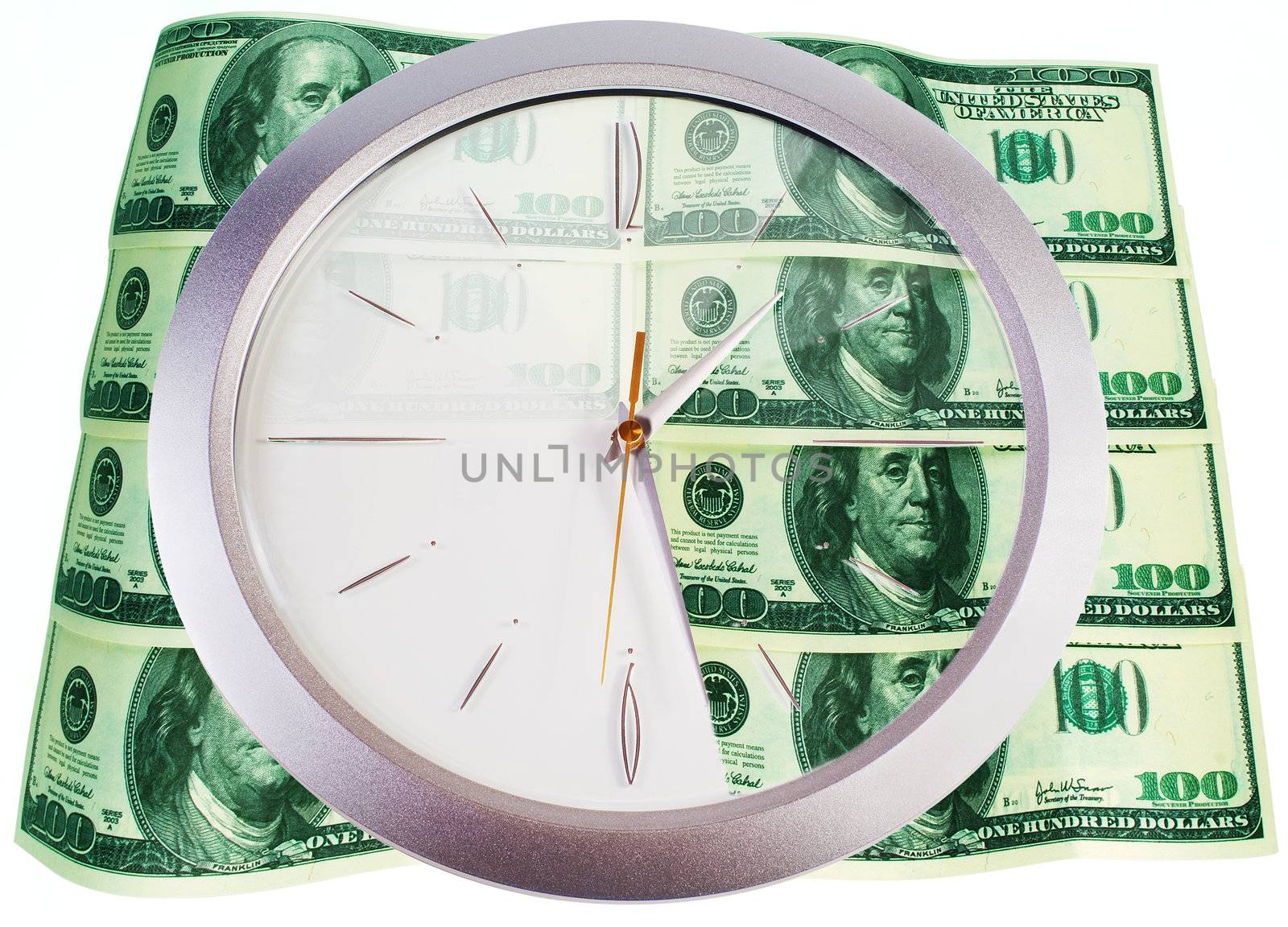 Clock and 100 dollar banknotes on a white background