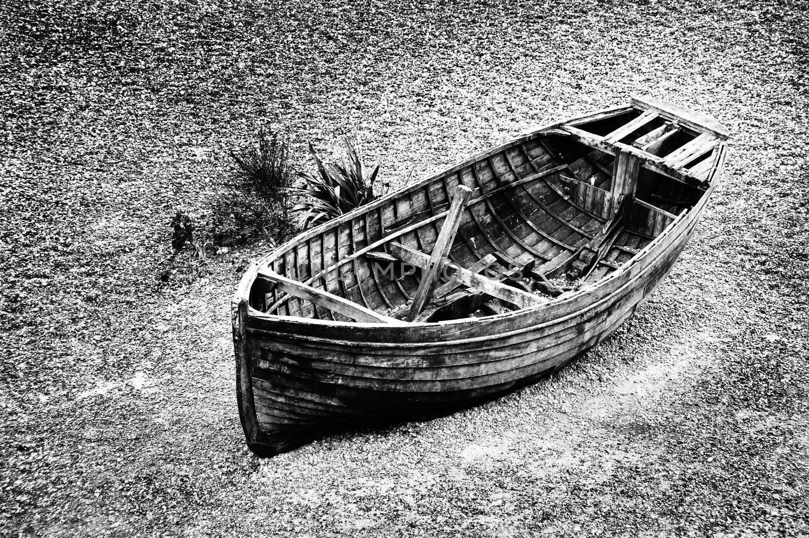 Old fisherman boat, Brighton beach, UK, black and white photography