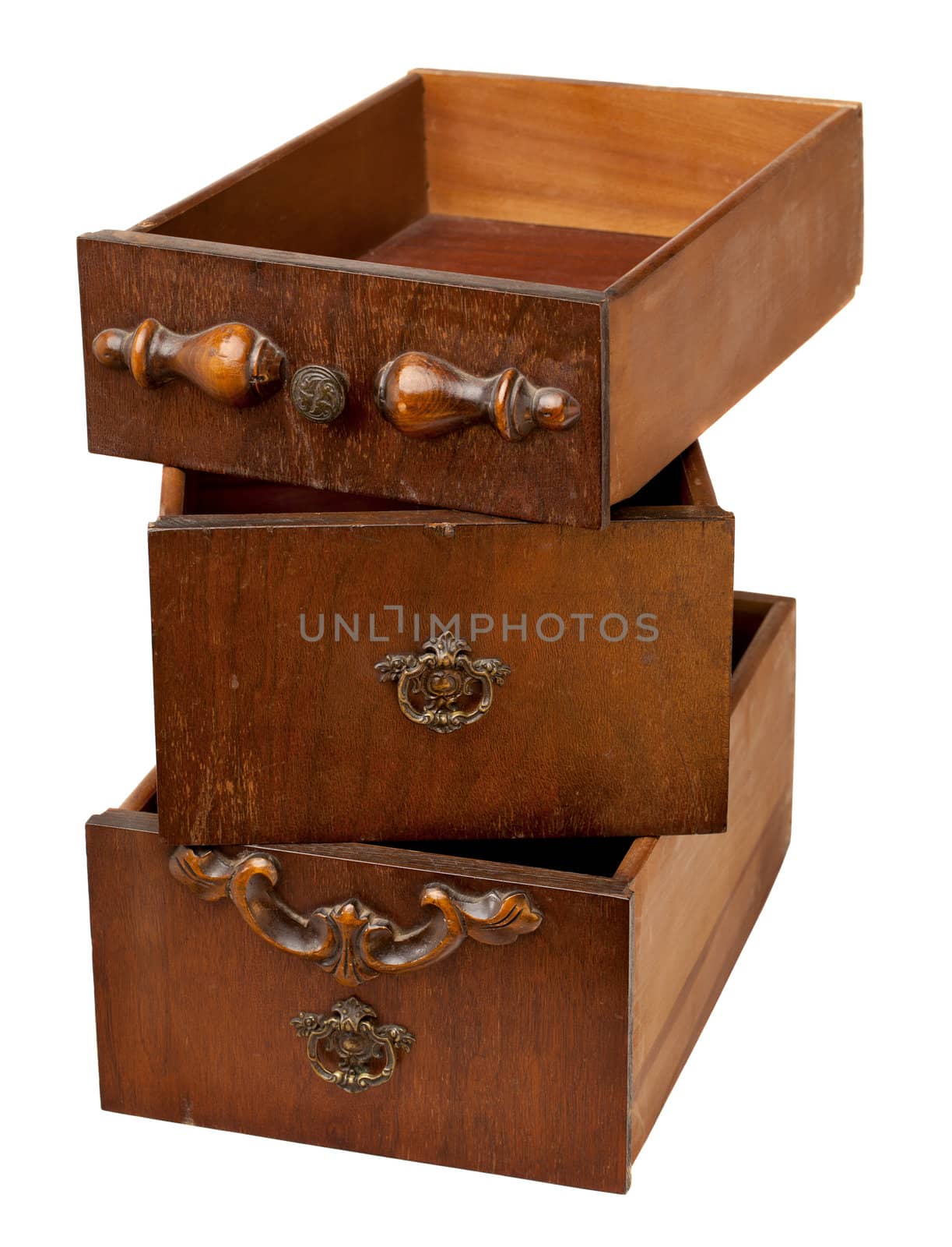 storage concept - a stack of three vintage wooden drawers isolated on white