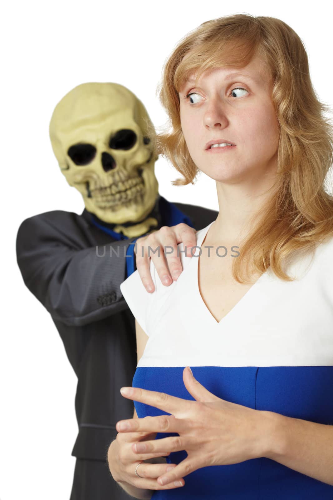 Death takes a woman isolated on white background