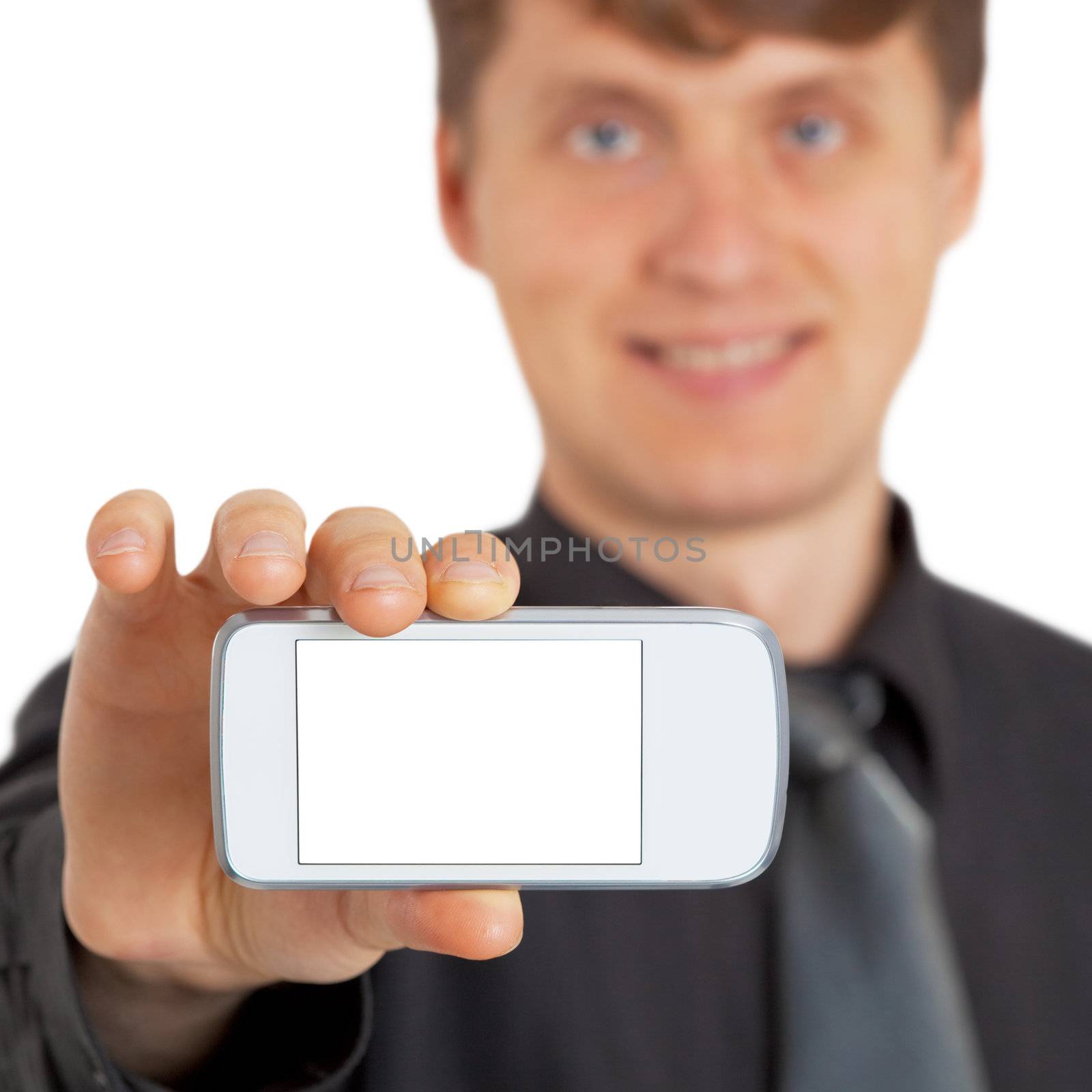 The person shows a new gadget on white
