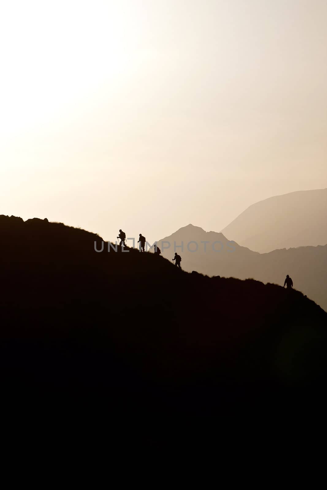 Small figures on the mountain range, Caucasus Mountains, Elbrus, Adilsu june 2010