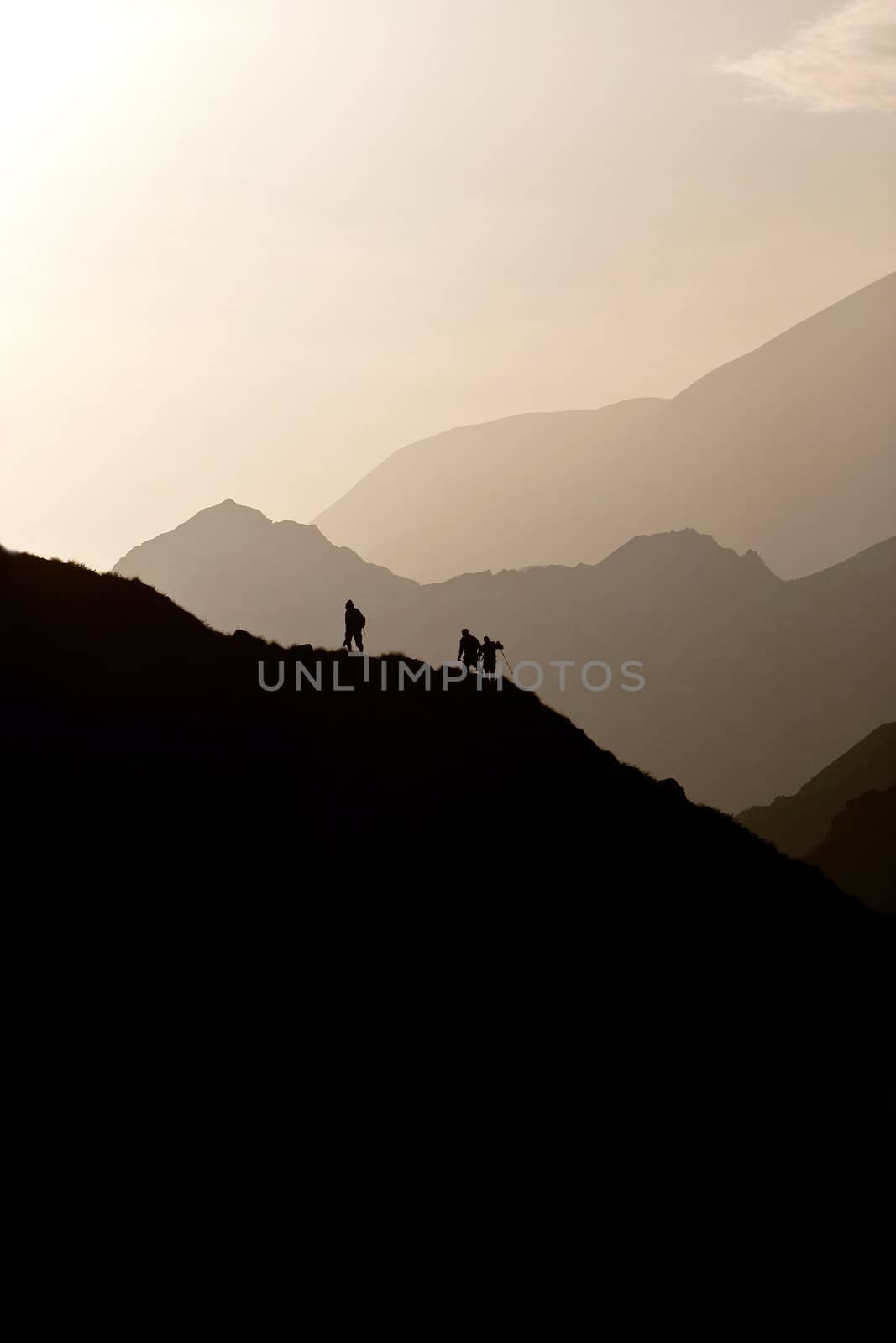 Small figures on the mountain range, Caucasus Mountains, Elbrus, Adilsu june 2010