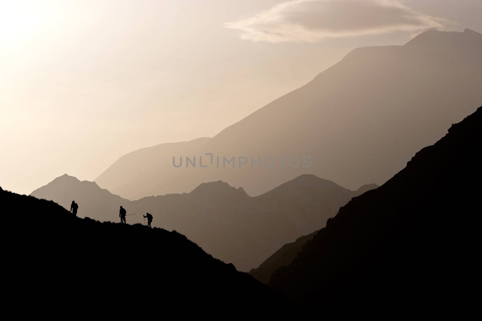 Small figures on the mountain range, Caucasus Mountains, Elbrus, Adilsu june 2010