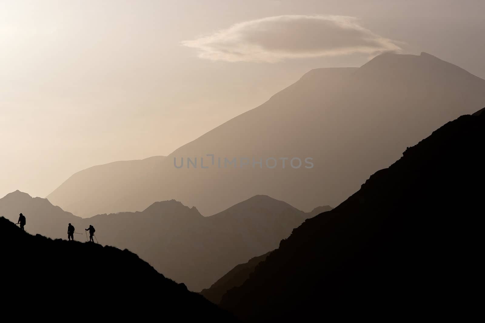 Small figures on the mountain range, Caucasus Mountains, Elbrus, Adilsu june 2010