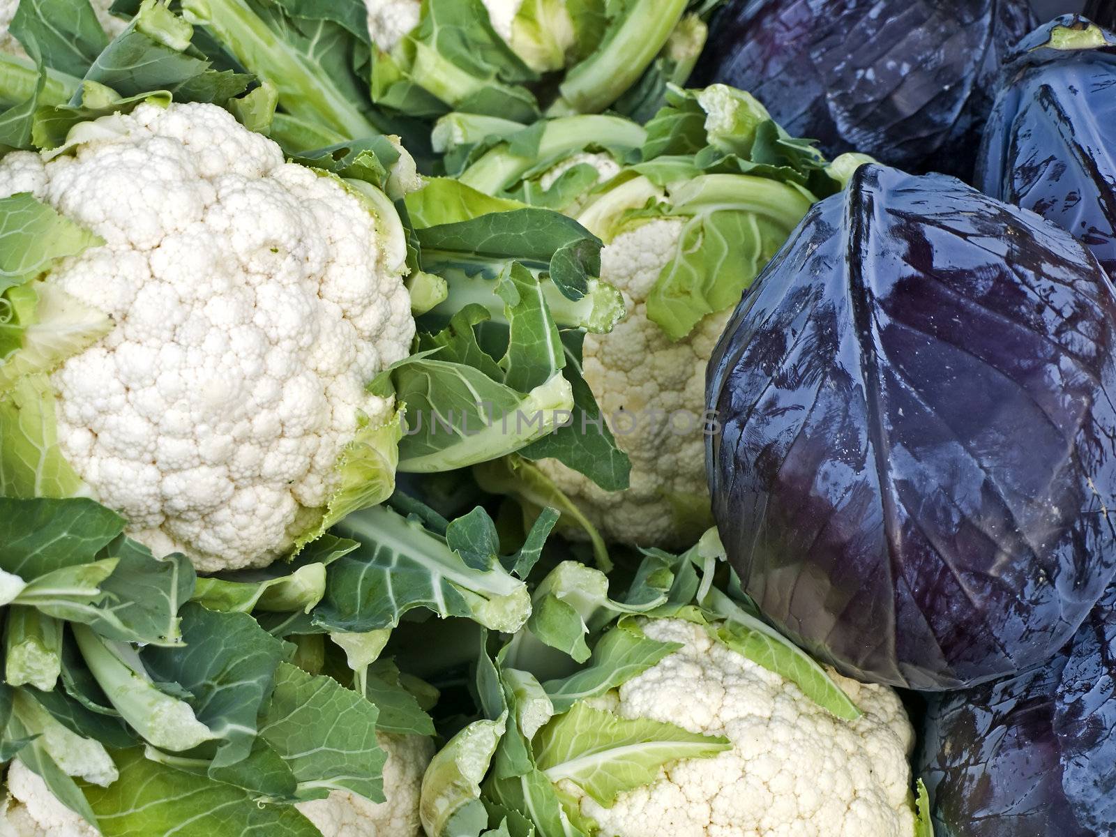 cauliflower and blue kale at a farmer market