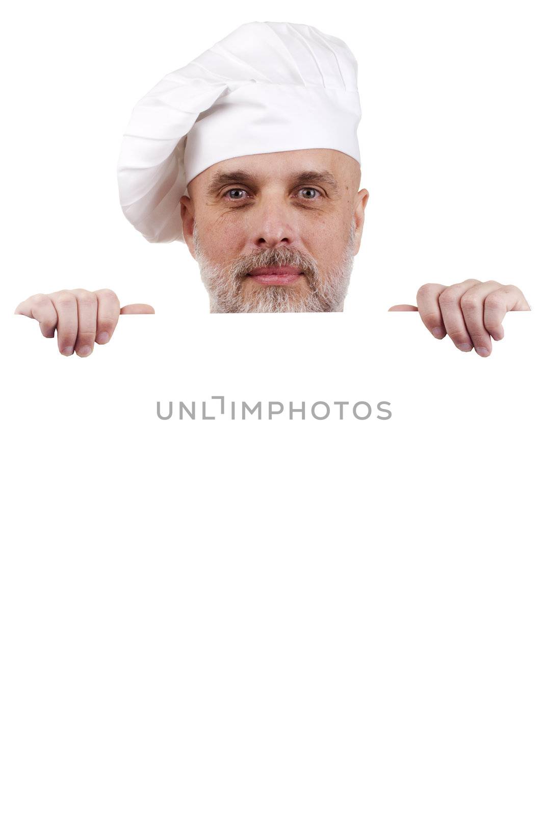 Portrait of a chef holding a blank sign for your text.