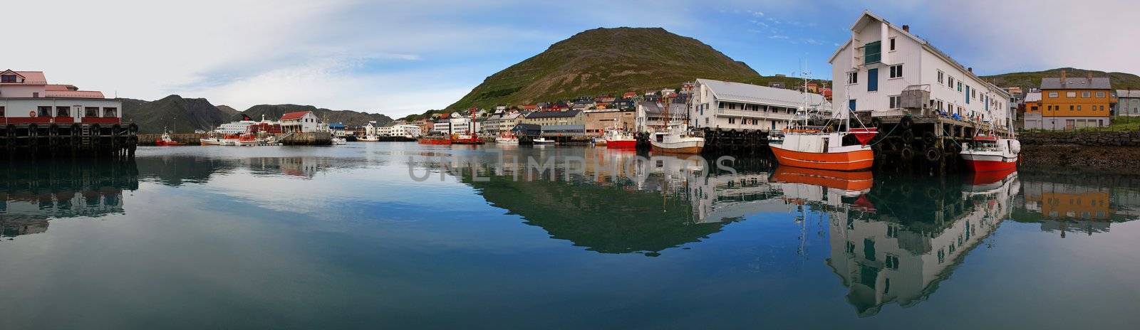 Its a port and cityscape of Honningsvag, one of the northernmost city in Norway and  in the world,  fishers and indusctrial vessels are at biggest port of Mageroya Island, with the buildings, houses and desert hill at background