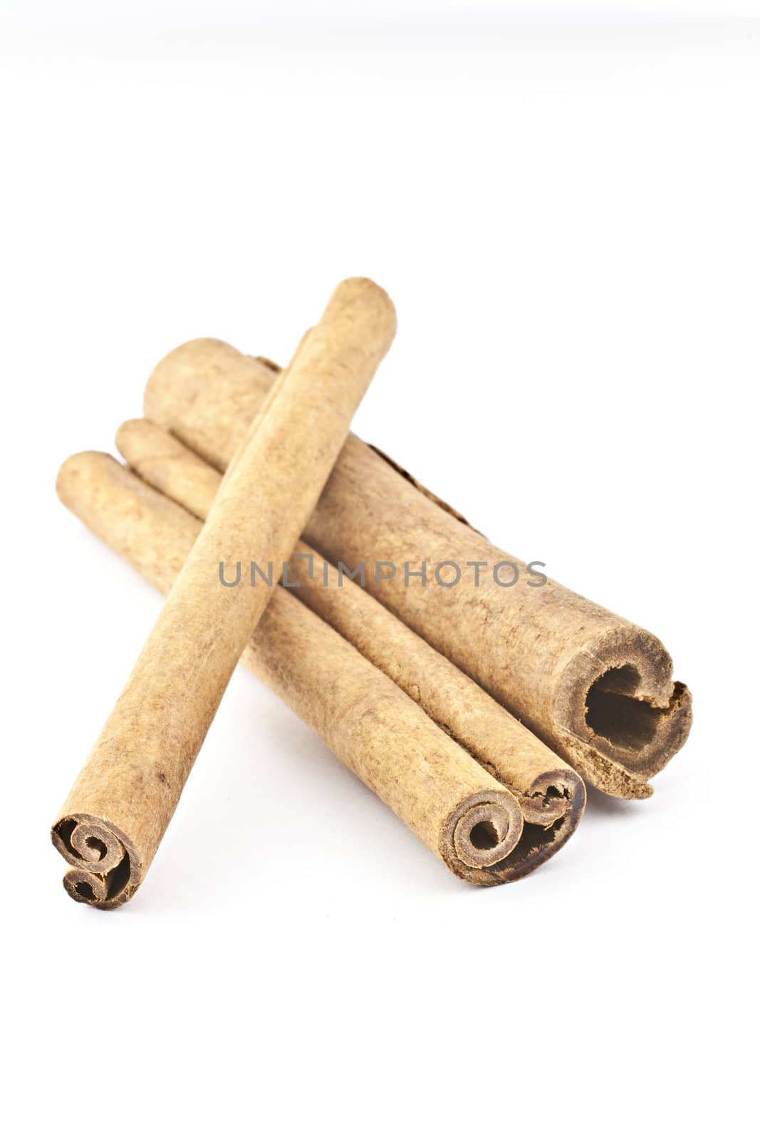 Three cinnamon sticks on a white background. Macro photography.
