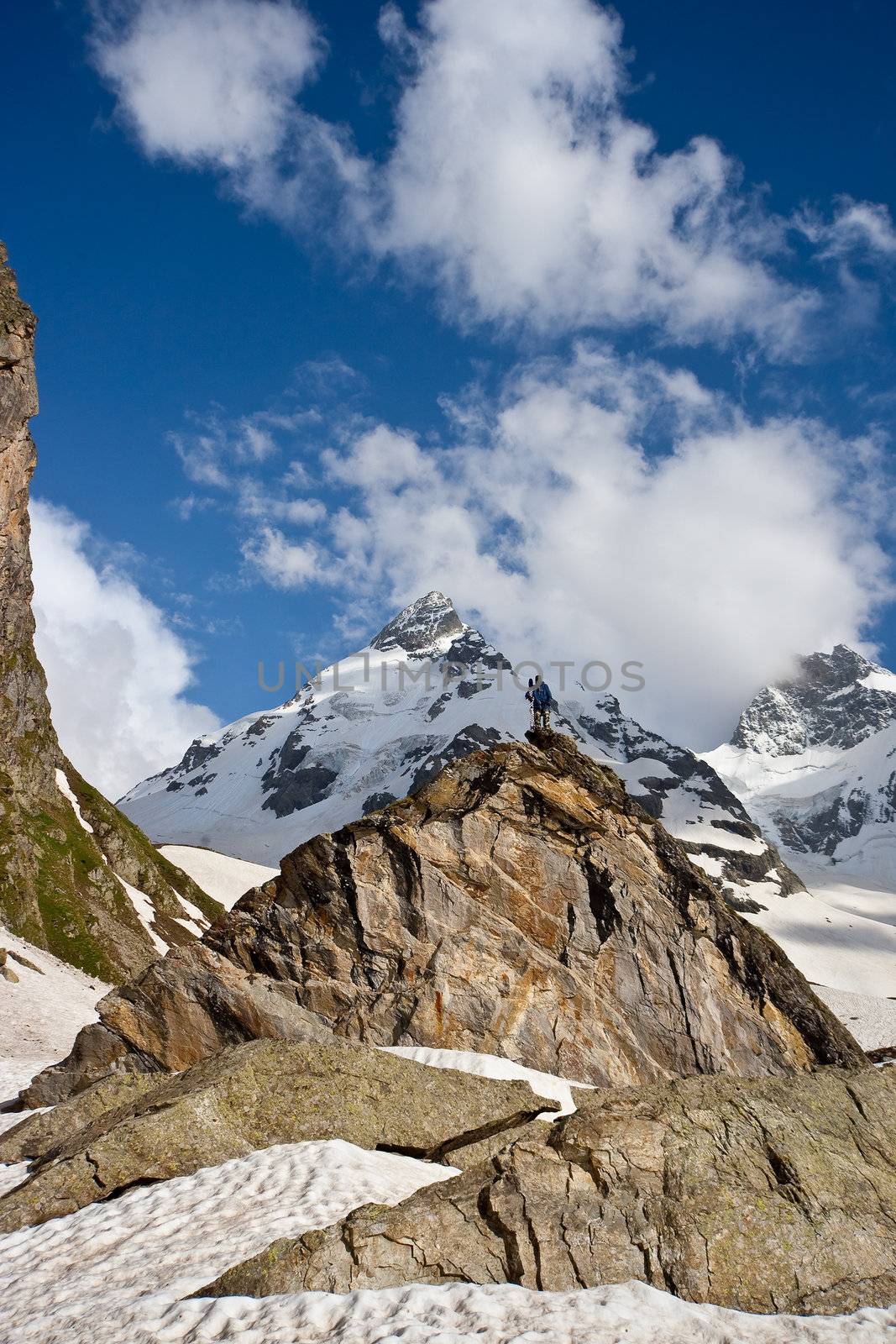 Small figure on the peak, Caucasus Mountains, Elbrus, Adilsu june 2010 