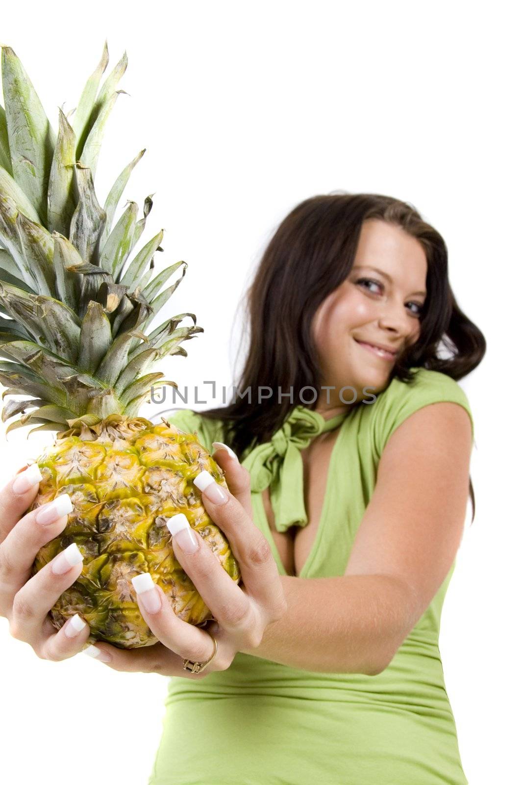 Young girl with fruits on white background