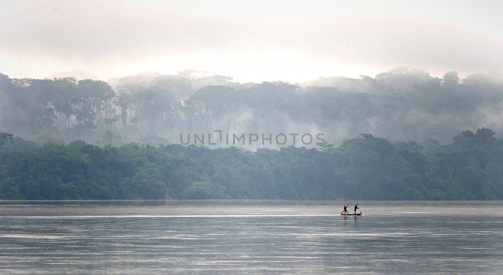 Sangha River. Morning fog on the African river Sangha.