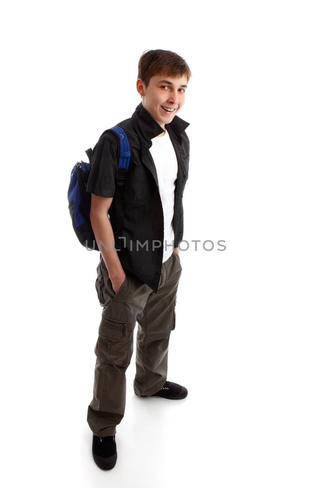 Student teenager carrying a backpack and smiling against a white background.