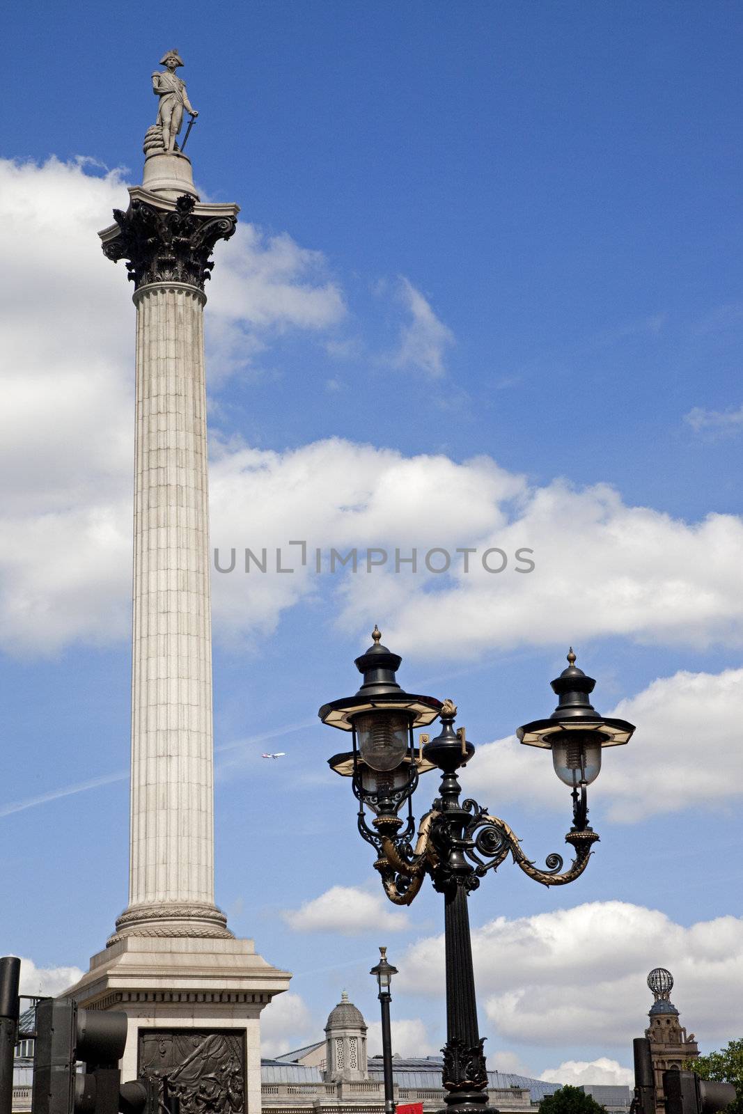 View of Nelson's Column in Trafalgar Square.  London.