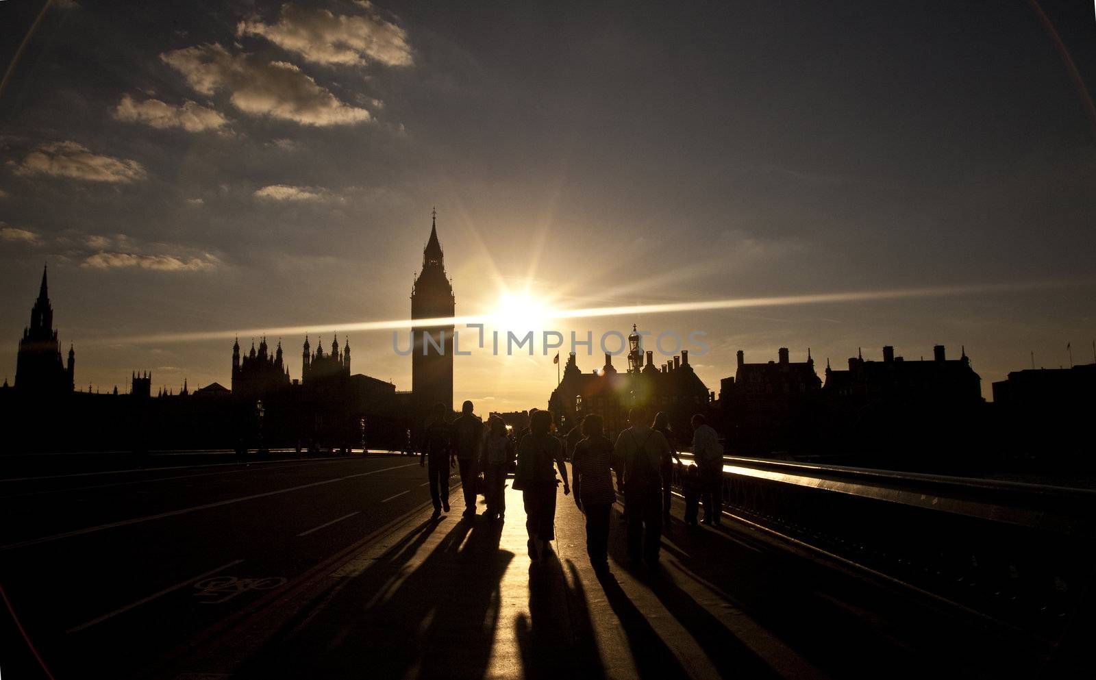 A silhouette of Big Ben and the Houses of Parliament. Looking North from Westminster Bridge.