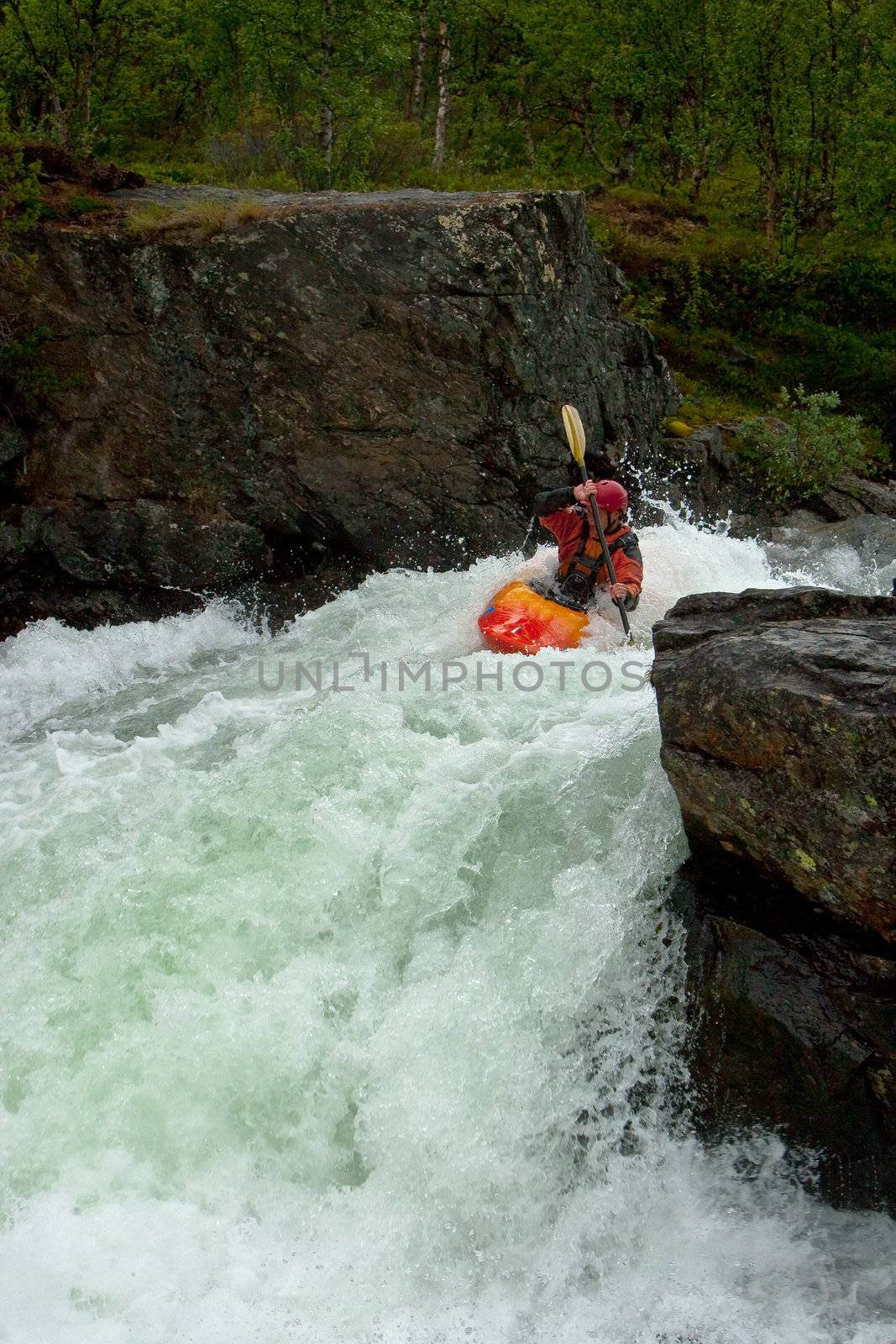 Kayak trip on the waterfalls in Norway. July 2010