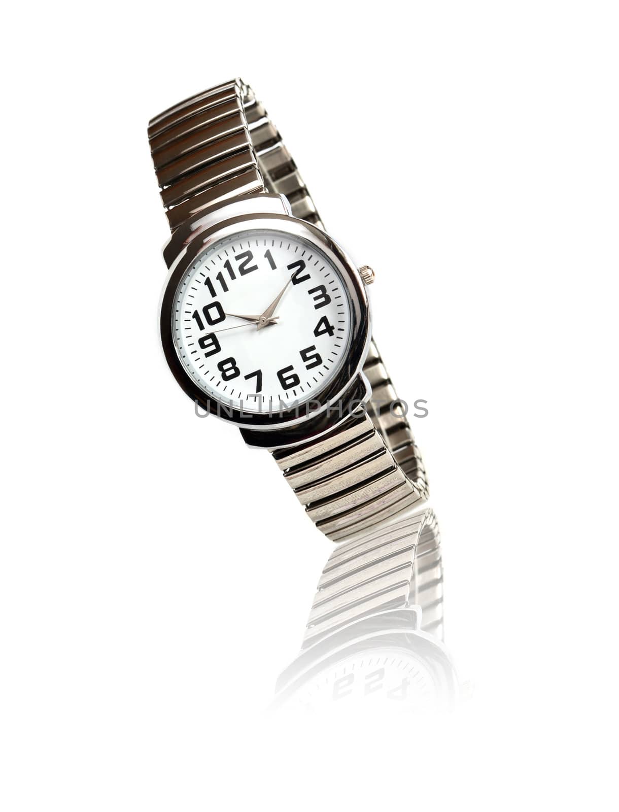 Modern wristwatch with steel bracelet on white background