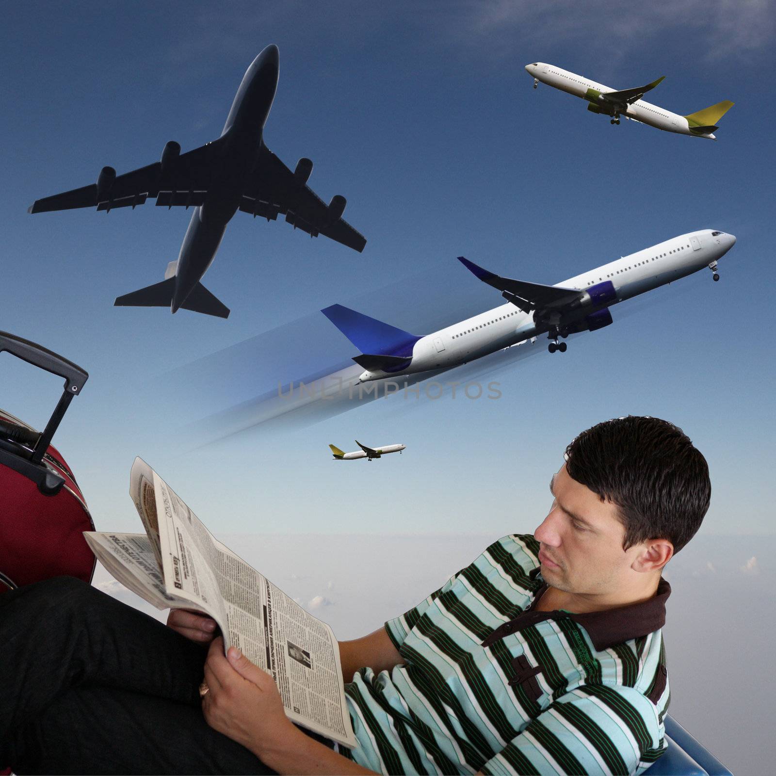 Man reading newspaper at the airport in the sitting