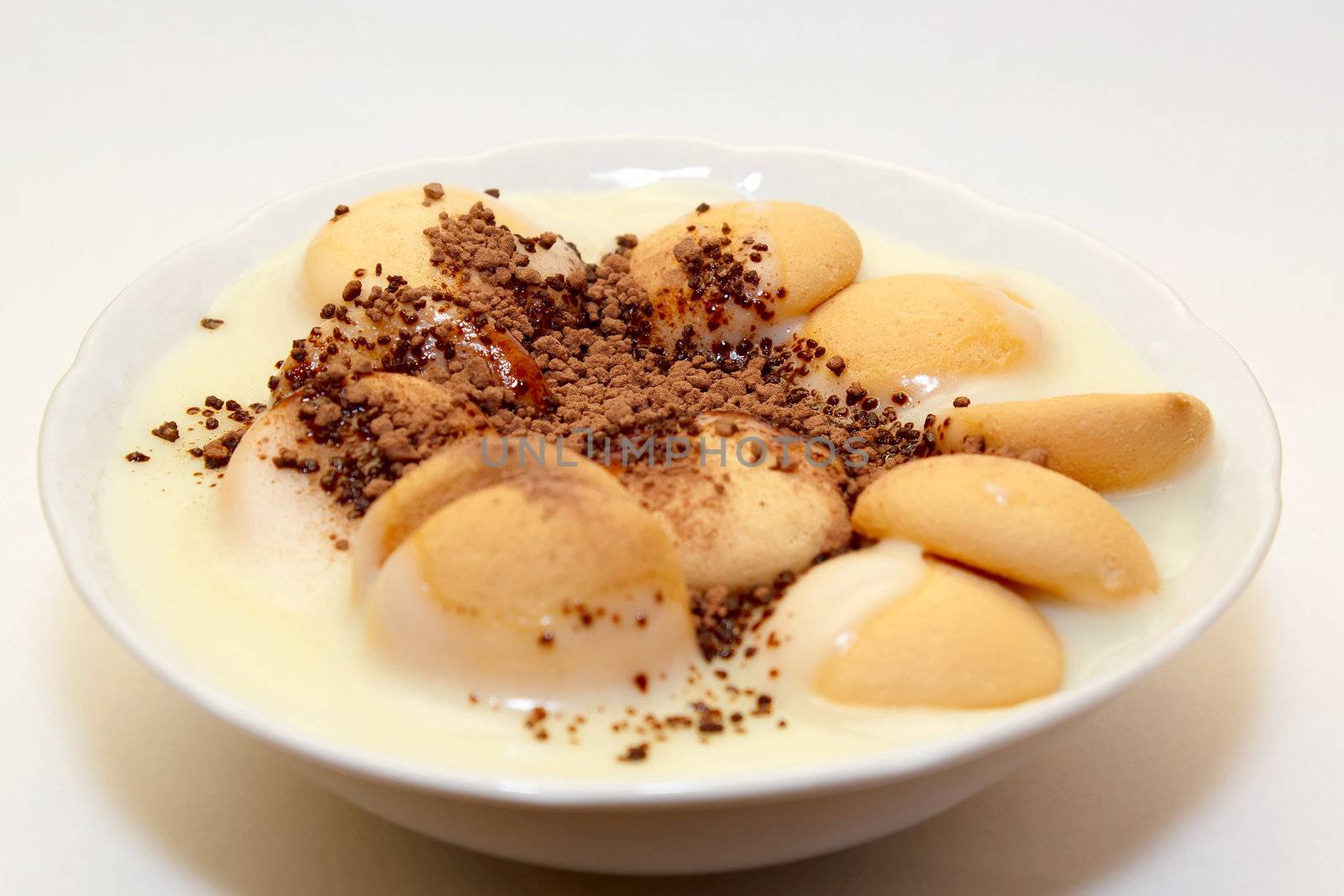 pudding with biscuit and granulation cacao on white