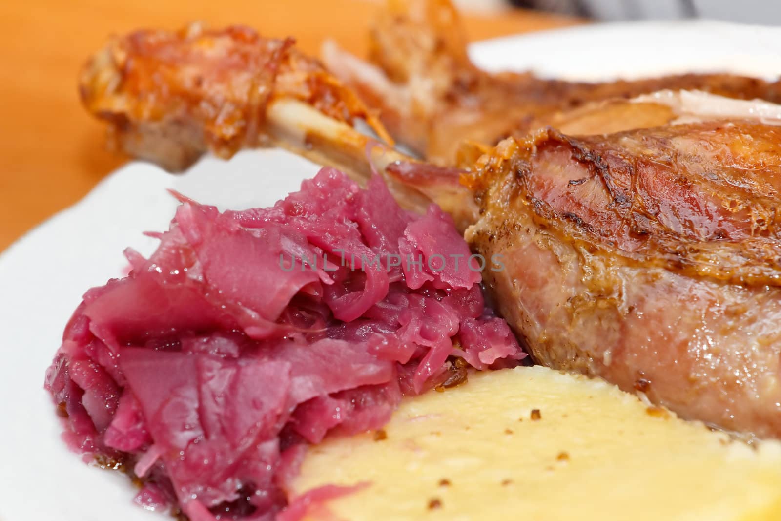 Traditional czech roasted duck with witg red cabbage and dumplings