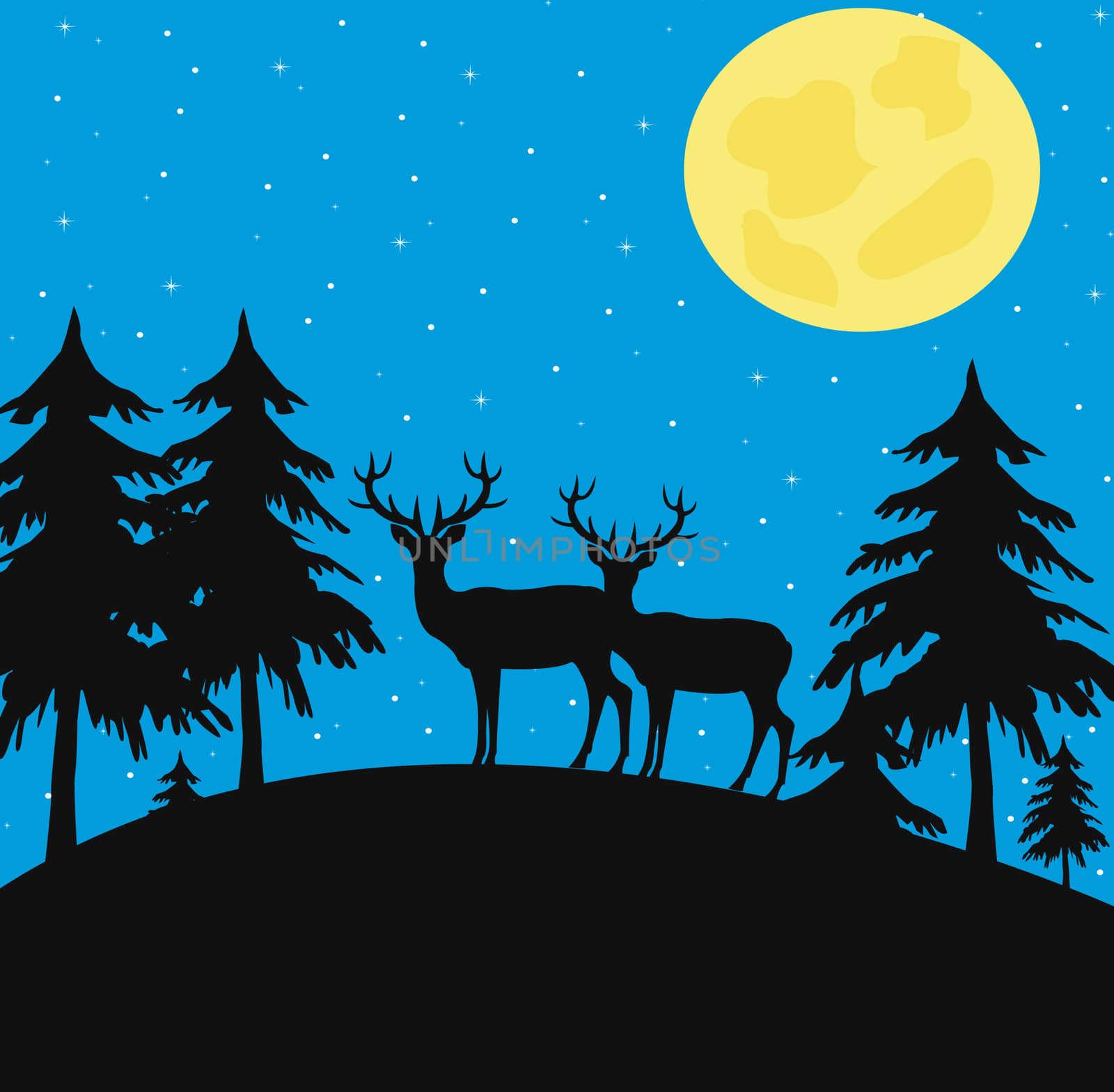Wild deer in the night in wood at moon