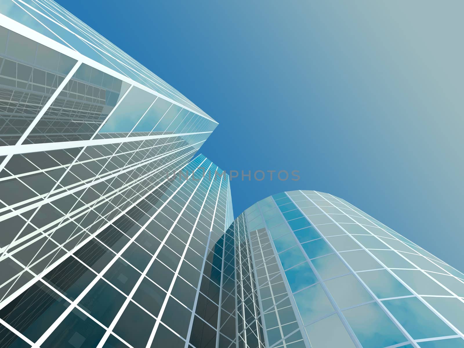 Skyscraper with tinted windows on the background of a cloudless sky. Some windows are transparent